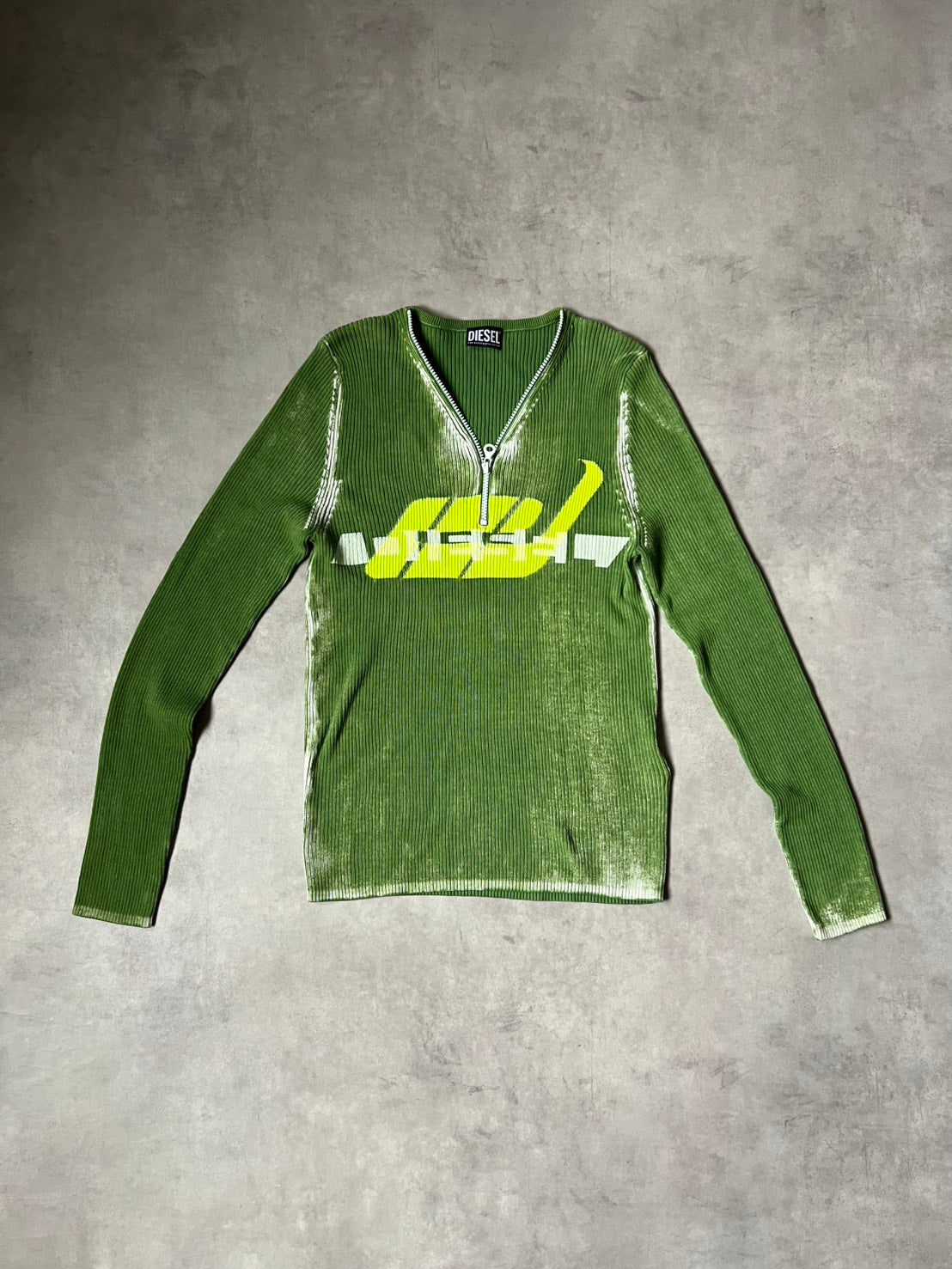 DIESEL Y2K Archive 00s Cyber Graphic Half-Zip Rib Knit Sweater – Faded Green / Neon Color