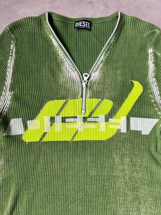 DIESEL Y2K Archive 00s Cyber Graphic Half-Zip Rib Knit Sweater – Faded Green / Neon Color