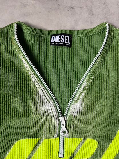 DIESEL Y2K Archive 00s Cyber Graphic Half-Zip Rib Knit Sweater – Faded Green / Neon Color