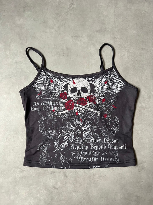 Y2K Grunge 00s Skull Rose Wing Graphic Cropped Camisole – Charcoal Gray