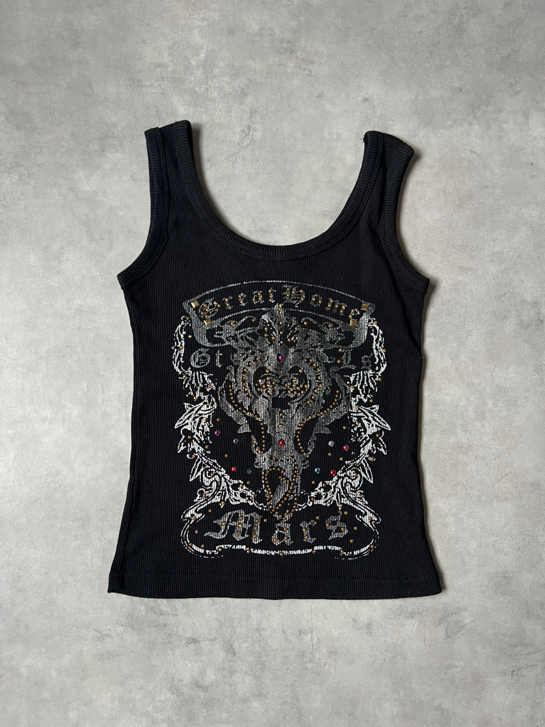 Y2K McBling 00s Gothic Wing Rhinestone Ribbed Tank Top – Black / Silver Glitter