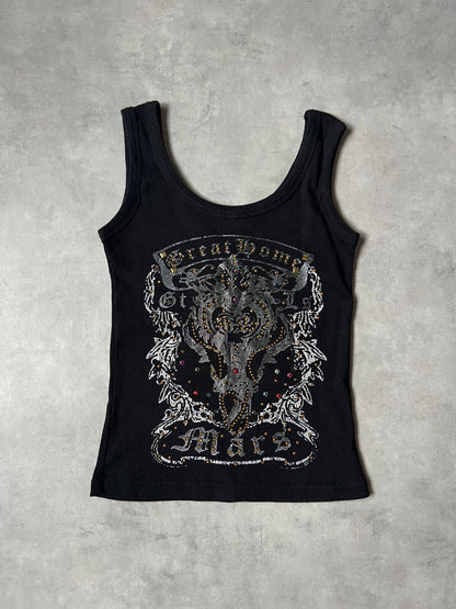 Y2K McBling 00s Gothic Wing Rhinestone Ribbed Tank Top – Black / Silver Glitter