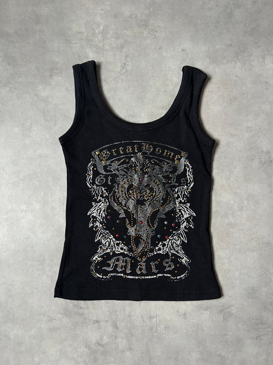 Y2K McBling 00s Gothic Wing Rhinestone Ribbed Tank Top – Black / Silver Glitter