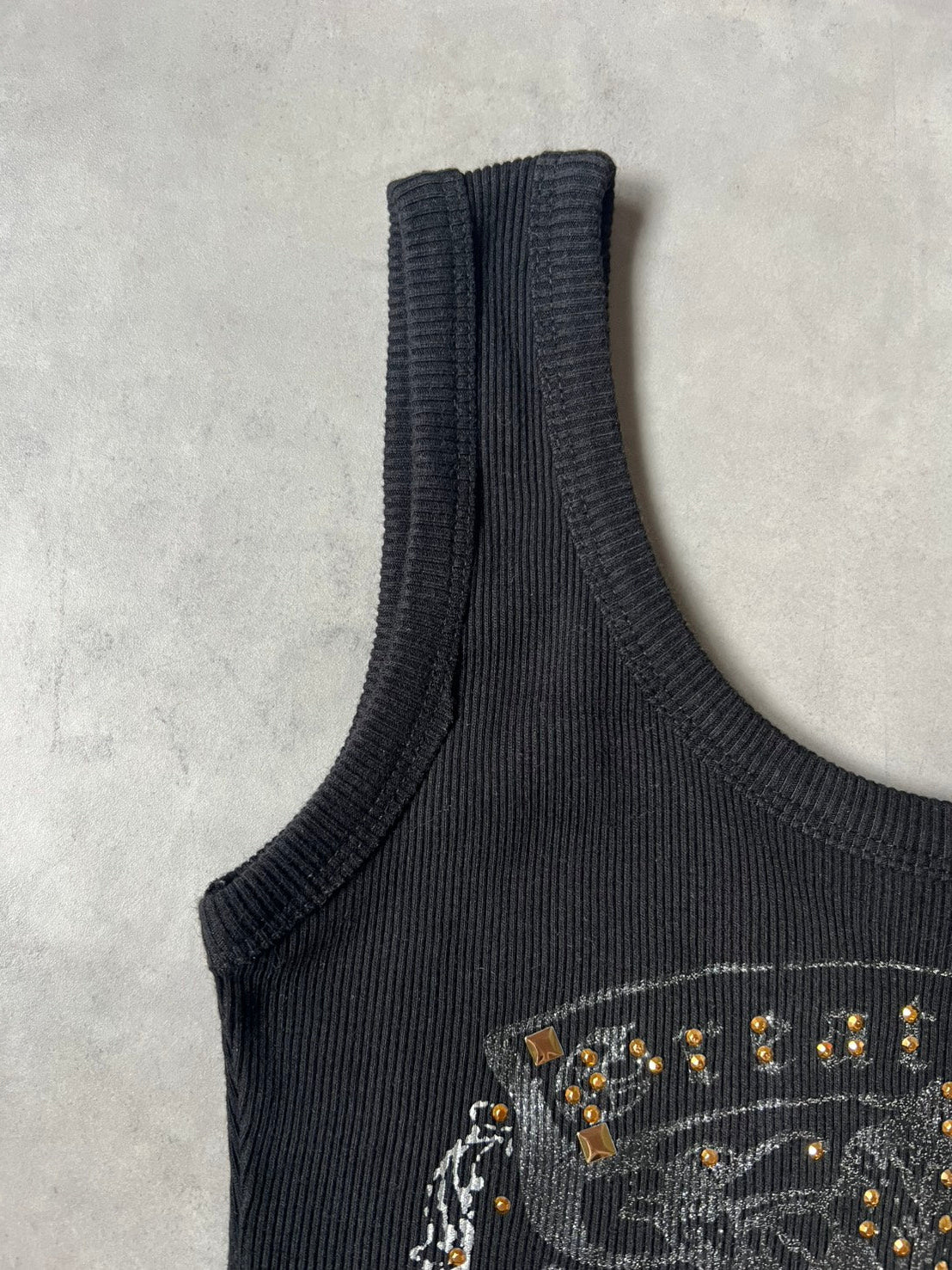 Y2K McBling 00s Gothic Wing Rhinestone Ribbed Tank Top – Black / Silver Glitter