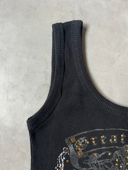 Y2K McBling 00s Gothic Wing Rhinestone Ribbed Tank Top – Black / Silver Glitter