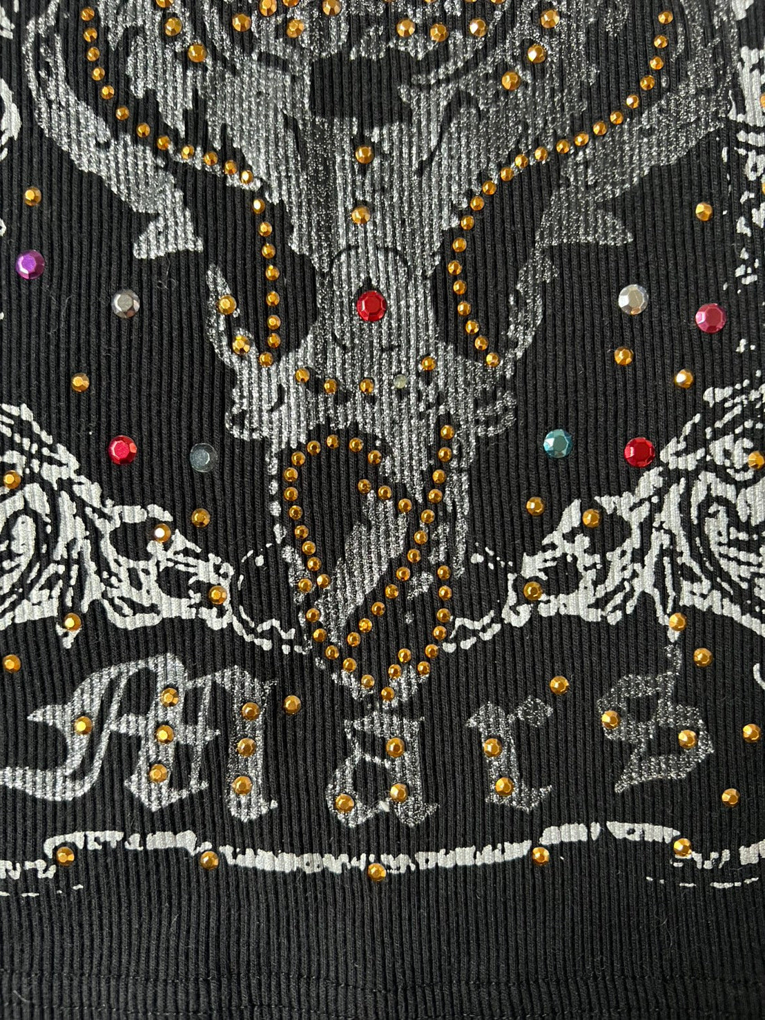 Y2K McBling 00s Gothic Wing Rhinestone Ribbed Tank Top – Black / Silver Glitter