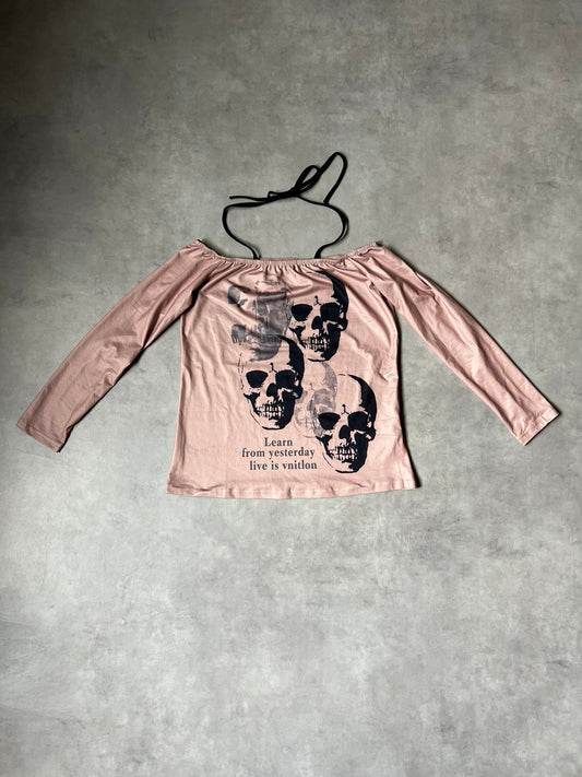 【Y2K McBling / 00s】Inverted Skull Graphic Off-the-Shoulder 2-Way Long Sleeve Tee / Dust Pink