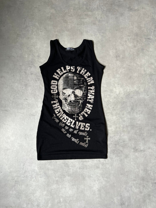 【Y2K McBling / 00s】KNICK KNACK Newspaper Skull Graphic Long Tank Top / Black