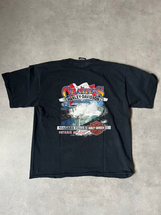 【VINTAGE】Harley-Davidson "Clare's Niagara Falls" Graphic T-Shirt / Faded Black