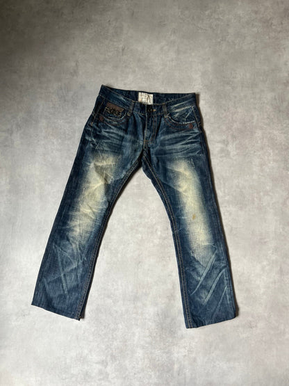 【Y2K McBling】LOLITA JEANS Thick Stitch Rope Zip Distressed Denim Jeans / Indigo