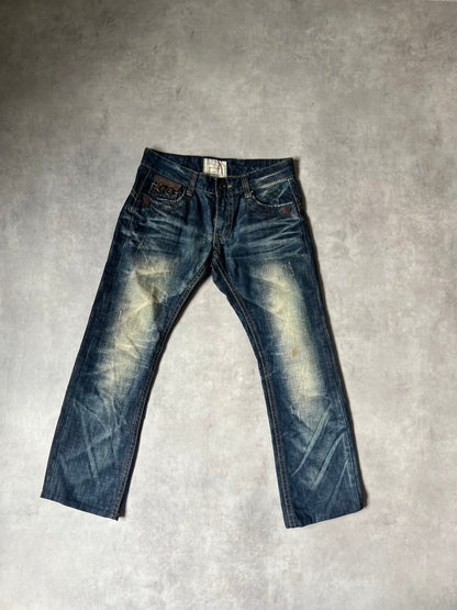 【Y2K McBling】LOLITA JEANS Thick Stitch Rope Zip Distressed Denim Jeans / Indigo
