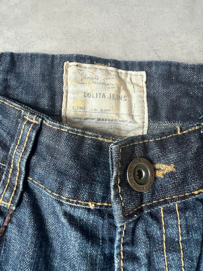【Y2K McBling】LOLITA JEANS Thick Stitch Rope Zip Distressed Denim Jeans / Indigo
