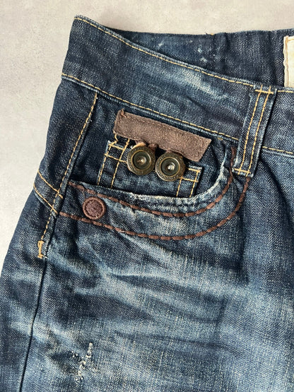 【Y2K McBling】LOLITA JEANS Thick Stitch Rope Zip Distressed Denim Jeans / Indigo