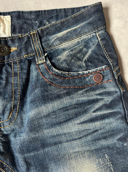 【Y2K McBling】LOLITA JEANS Thick Stitch Rope Zip Distressed Denim Jeans / Indigo