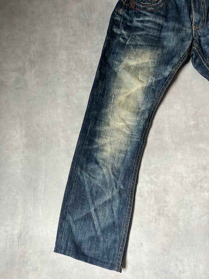 【Y2K McBling】LOLITA JEANS Thick Stitch Rope Zip Distressed Denim Jeans / Indigo