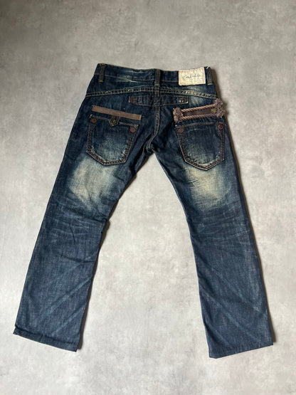 【Y2K McBling】LOLITA JEANS Thick Stitch Rope Zip Distressed Denim Jeans / Indigo