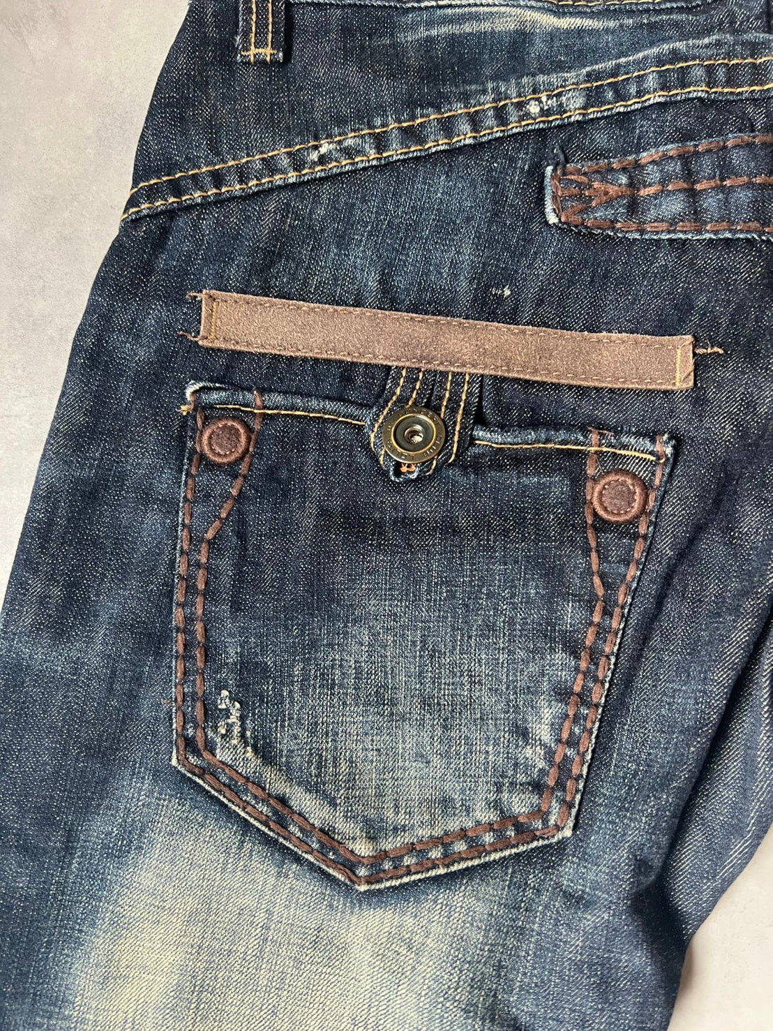 【Y2K McBling】LOLITA JEANS Thick Stitch Rope Zip Distressed Denim Jeans / Indigo