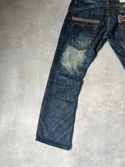 【Y2K McBling】LOLITA JEANS Thick Stitch Rope Zip Distressed Denim Jeans / Indigo