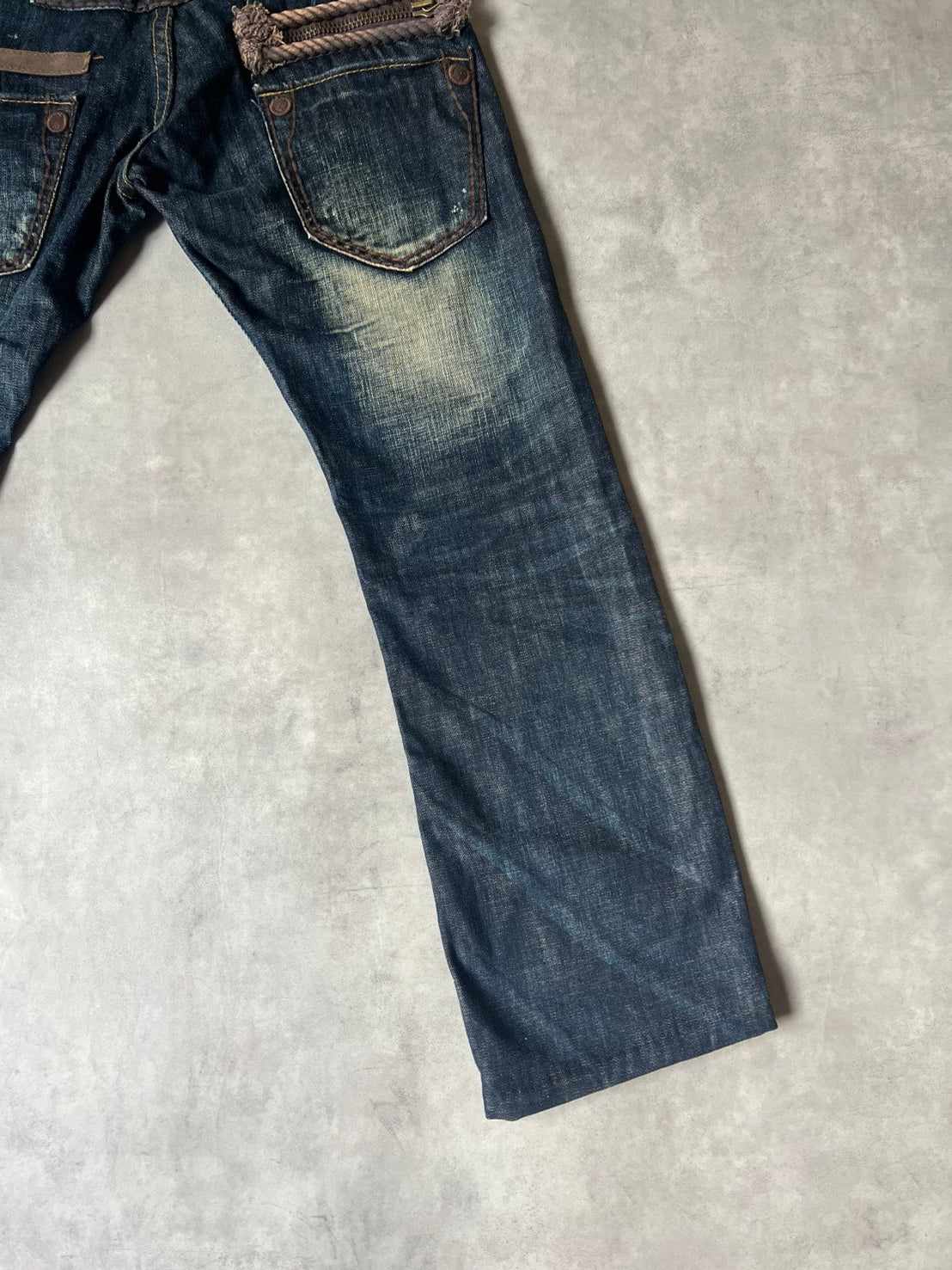 【Y2K McBling】LOLITA JEANS Thick Stitch Rope Zip Distressed Denim Jeans / Indigo