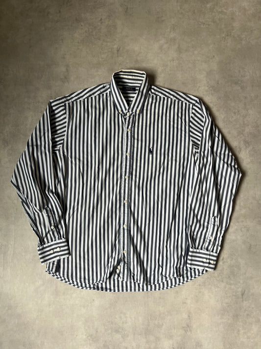 【VINTAGE】POLO RALPH LAUREN Striped Long-Sleeve Button-Down Shirt / Dark Grey & White / Size 2XL