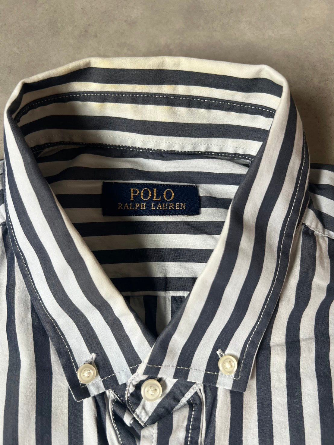 【VINTAGE】POLO RALPH LAUREN Striped Long-Sleeve Button-Down Shirt / Dark Grey & White / Size 2XL