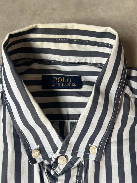 【VINTAGE】POLO RALPH LAUREN Striped Long-Sleeve Button-Down Shirt / Dark Grey & White / Size 2XL
