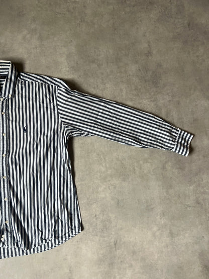 【VINTAGE】POLO RALPH LAUREN Striped Long-Sleeve Button-Down Shirt / Dark Grey & White / Size 2XL