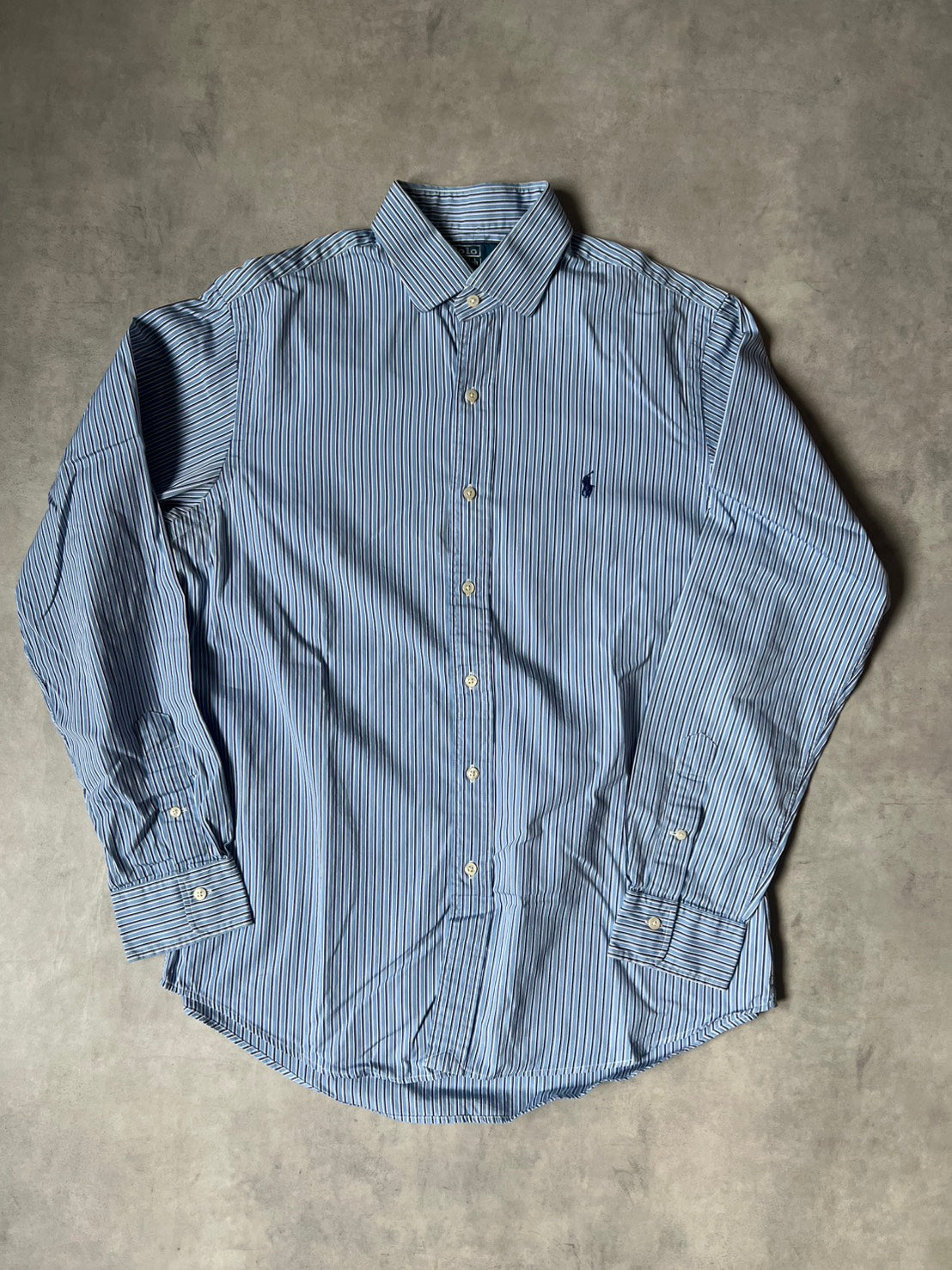 【VINTAGE】Polo by Ralph Lauren "CUSTOM FIT" Striped Long-Sleeve Dress Shirt / Blue, Black & White
