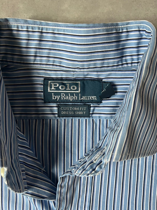 【VINTAGE】Polo by Ralph Lauren "CUSTOM FIT" Striped Long-Sleeve Dress Shirt / Blue, Black & White