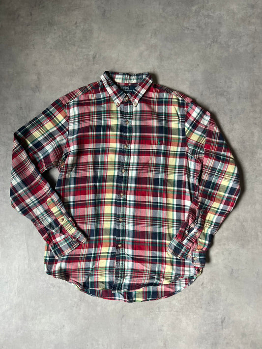 【VINTAGE】Polo by Ralph Lauren "SLIM FIT" Madras Plaid Long-Sleeve Shirt / Red & Multi-Color / Size L
