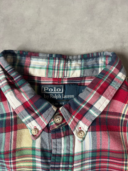 【VINTAGE】Polo by Ralph Lauren "SLIM FIT" Madras Plaid Long-Sleeve Shirt / Red & Multi-Color / Size L