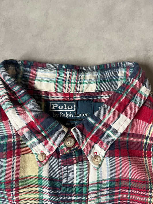 【VINTAGE】Polo by Ralph Lauren "SLIM FIT" Madras Plaid Long-Sleeve Shirt / Red & Multi-Color / Size L