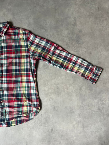 【VINTAGE】Polo by Ralph Lauren "SLIM FIT" Madras Plaid Long-Sleeve Shirt / Red & Multi-Color / Size L