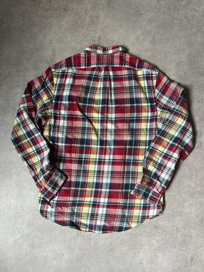 【VINTAGE】Polo by Ralph Lauren "SLIM FIT" Madras Plaid Long-Sleeve Shirt / Red & Multi-Color / Size L