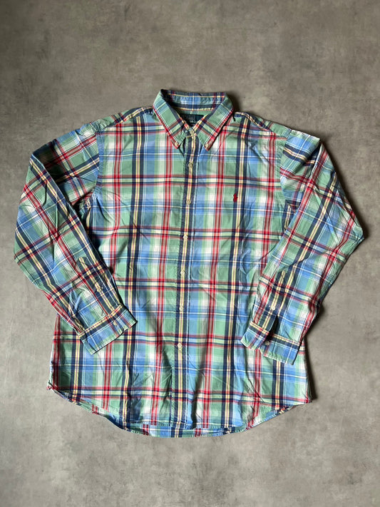 【VINTAGE】Polo by Ralph Lauren "CUSTOM FIT" Madras Plaid Long-Sleeve Shirt / Green & Multi-Color / Size TG
