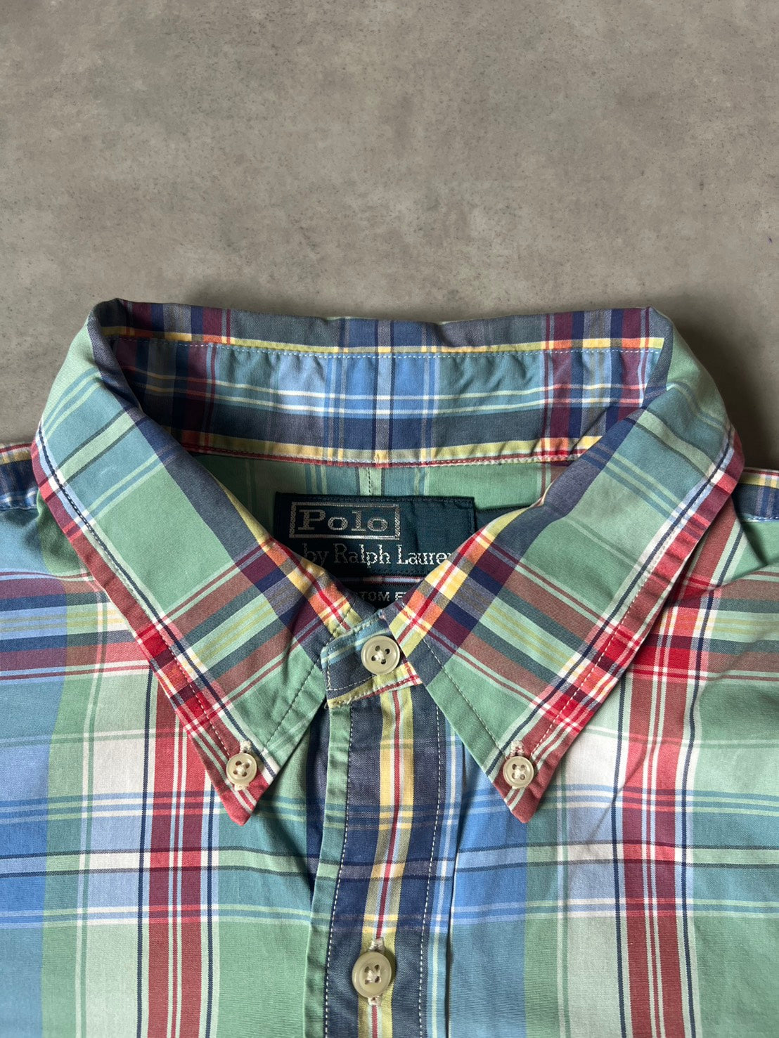 【VINTAGE】Polo by Ralph Lauren "CUSTOM FIT" Madras Plaid Long-Sleeve Shirt / Green & Multi-Color / Size TG