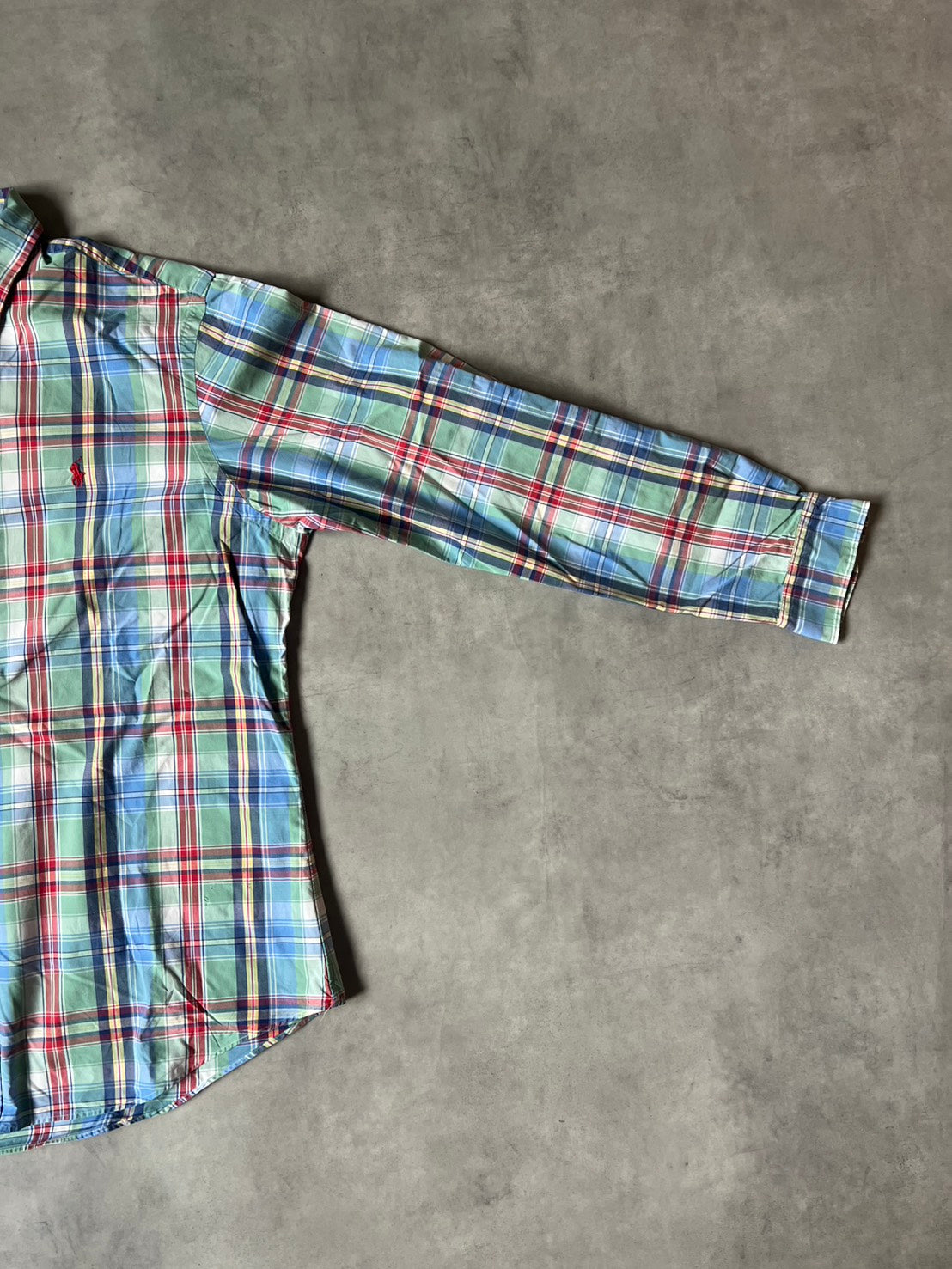 【VINTAGE】Polo by Ralph Lauren "CUSTOM FIT" Madras Plaid Long-Sleeve Shirt / Green & Multi-Color / Size TG