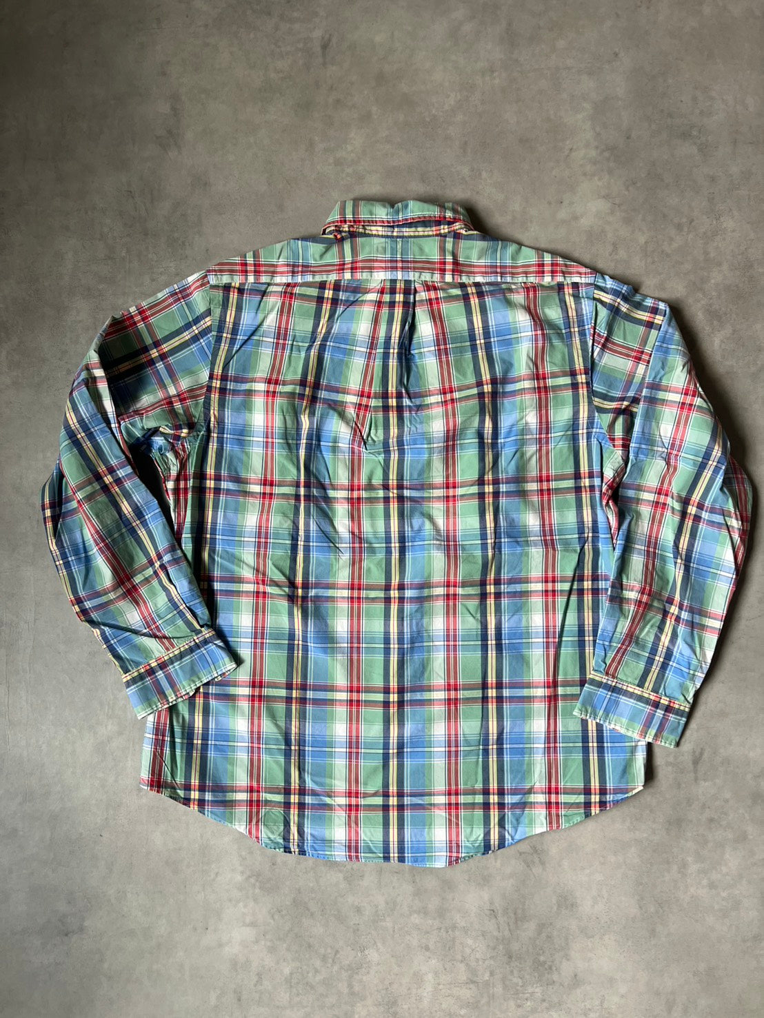 【VINTAGE】Polo by Ralph Lauren "CUSTOM FIT" Madras Plaid Long-Sleeve Shirt / Green & Multi-Color / Size TG