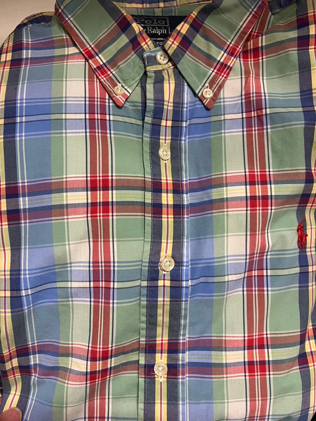 【VINTAGE】Polo by Ralph Lauren "CUSTOM FIT" Madras Plaid Long-Sleeve Shirt / Green & Multi-Color / Size TG