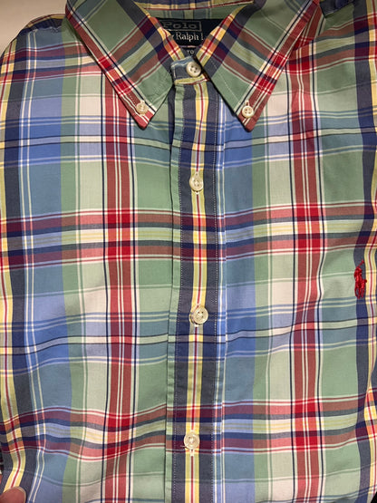 【VINTAGE】Polo by Ralph Lauren "CUSTOM FIT" Madras Plaid Long-Sleeve Shirt / Green & Multi-Color / Size TG