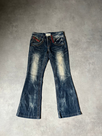 【Y2K McBling】LOLITA JEANS Distressed Flare Jeans / Red Zipper Accents & Heavy Wash / Indigo