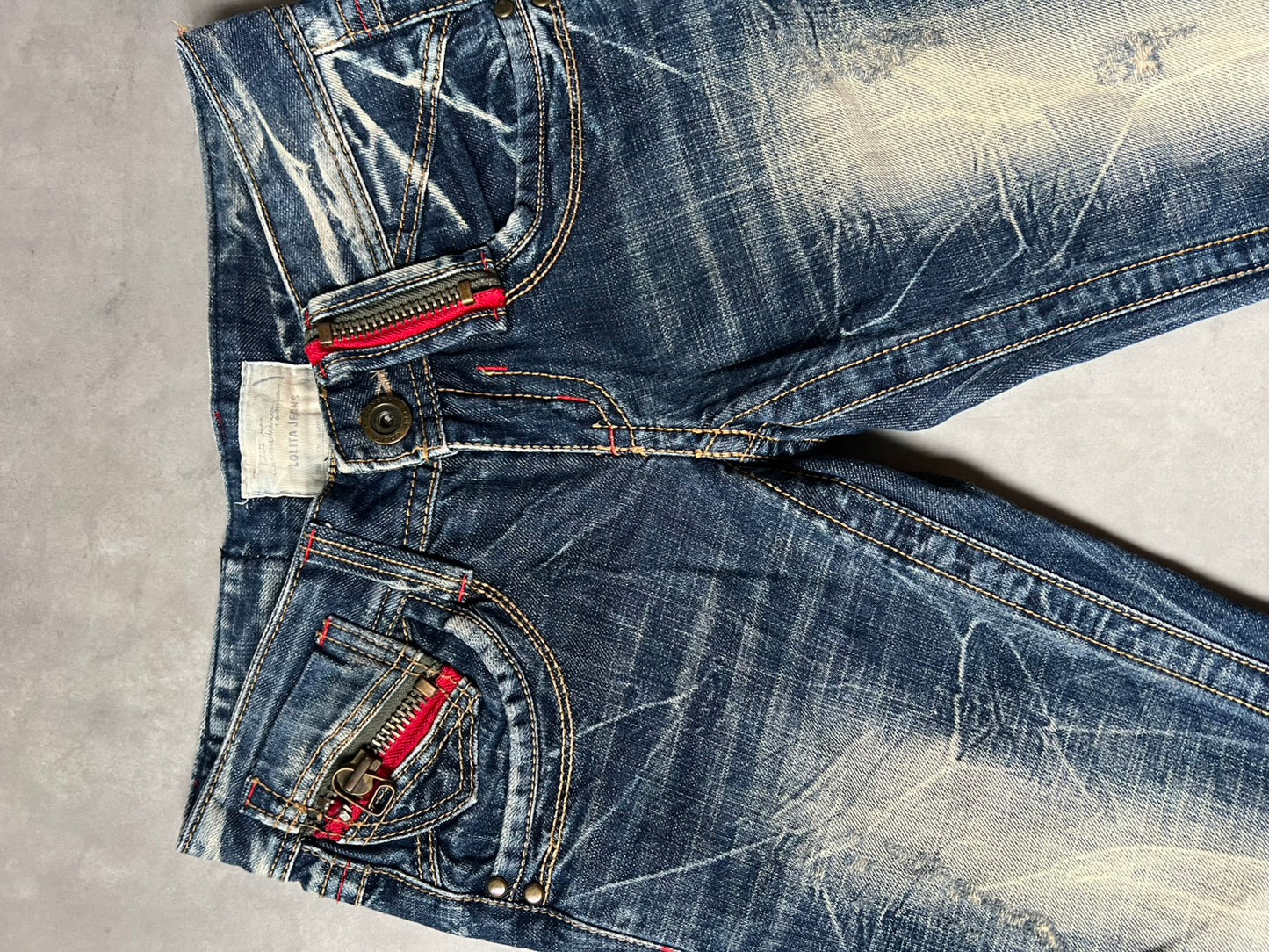 【Y2K McBling】LOLITA JEANS Distressed Flare Jeans / Red Zipper Accents & Heavy Wash / Indigo