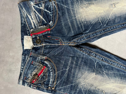 【Y2K McBling】LOLITA JEANS Distressed Flare Jeans / Red Zipper Accents & Heavy Wash / Indigo