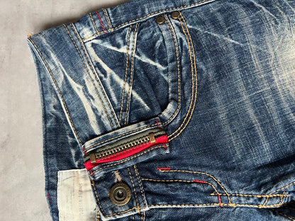 【Y2K McBling】LOLITA JEANS Distressed Flare Jeans / Red Zipper Accents & Heavy Wash / Indigo