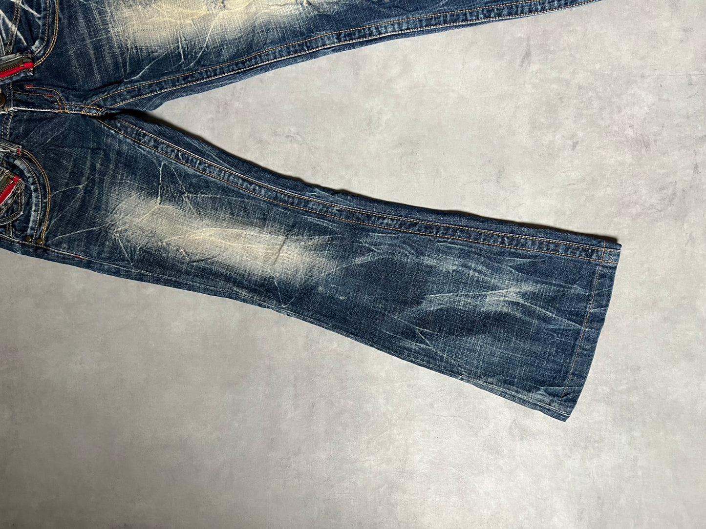 【Y2K McBling】LOLITA JEANS Distressed Flare Jeans / Red Zipper Accents & Heavy Wash / Indigo
