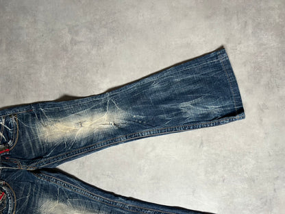 【Y2K McBling】LOLITA JEANS Distressed Flare Jeans / Red Zipper Accents & Heavy Wash / Indigo