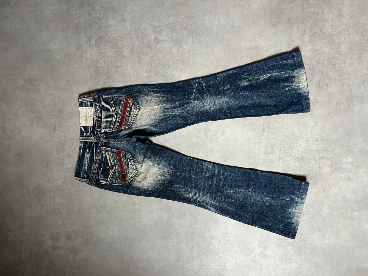 【Y2K McBling】LOLITA JEANS Distressed Flare Jeans / Red Zipper Accents & Heavy Wash / Indigo