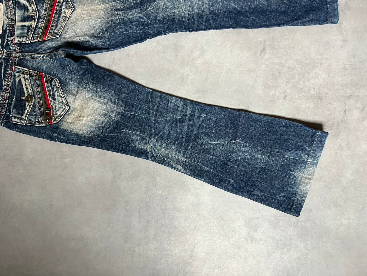【Y2K McBling】LOLITA JEANS Distressed Flare Jeans / Red Zipper Accents & Heavy Wash / Indigo
