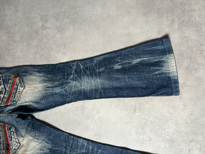 【Y2K McBling】LOLITA JEANS Distressed Flare Jeans / Red Zipper Accents & Heavy Wash / Indigo