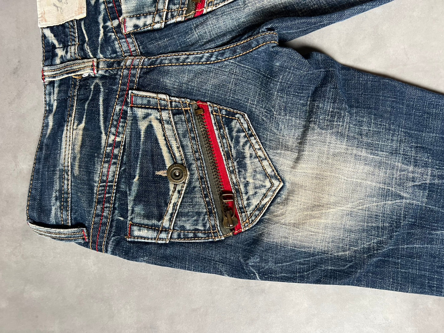 【Y2K McBling】LOLITA JEANS Distressed Flare Jeans / Red Zipper Accents & Heavy Wash / Indigo